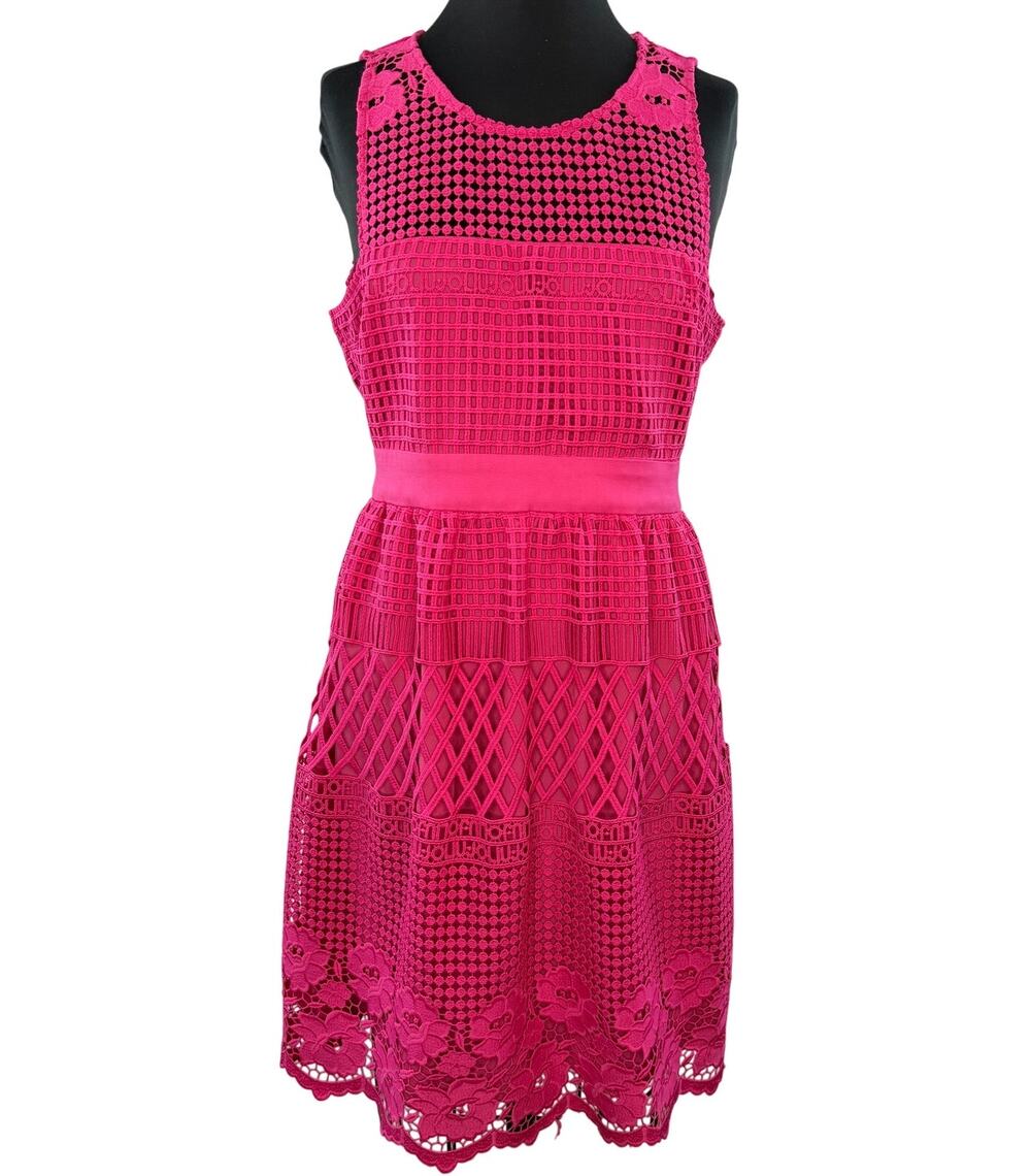 Liu Jo Hot Pink Fit & Flare Dress Floral Lace Geometric Mesh Casual Party Sz 44